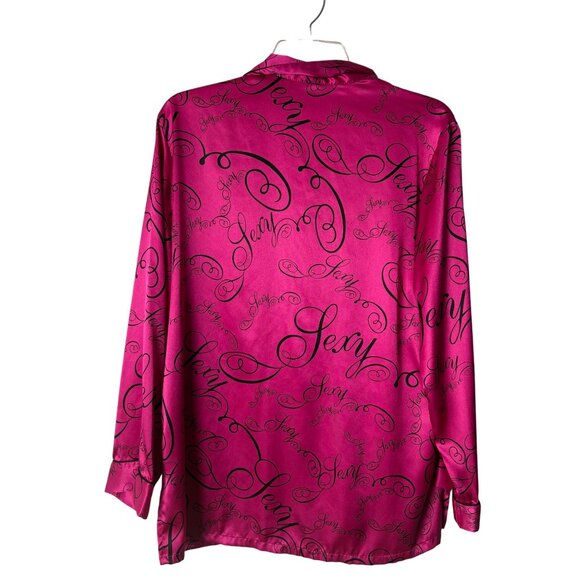Victorias Secret Pink Satin Pajama Top SEXY  Black Script Print Size Sm Pocket - Picture 3 of 6